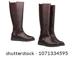 Brown female knee high boots with natural leather isolated on white backround