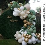 Small photo of Sage, Gold and white birthday balloon arch backdrop on a grass wall