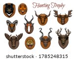 Hunting sport trophy, animal heads and antlers on wall wood plaque, vector icons. Hunter trophy animal heads of deer, moose stag and reindeer, bear grizzly and fox, safari cheetah panther and antelope
