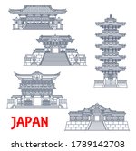 Japanese travel landmarks with vector thin line shrines and temples of Nikko. Ancient Futarasan and Toshogu shrines, five-story pagoda, Omotemon, Yomeimon, Karamon or Karakado gates, Asian tourism
