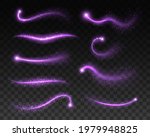 Magic purple sparks, glitters and space stardust, vector light sparkles and glow shine. Purple bokeh waves with neon sparkles effect, flare swirls with shine glowing and glittering particles shimmer