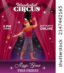 Shapito circus vector flyer poster with cartoon fire eater character on stage of carnival show. Funfair performer or amusement park entertainer with fire torches performing fire eating tricks