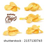 Crispy potato chips stack, pile and heap, realistic 3D vector with crunchy wavy snack pieces bunches. Isolated chips for advertising, package or promo ads, delicious food, ripple meal
