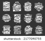 Fishing store and sport monochrome icons with isolated vector fish and fisherman tackle. Fishing boat, rod, hook and bait, tuna, salmon, mackerel and anchovy, eel, sardine and bream badges design