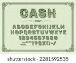 Money font, vintage type or typeface banknote alphabet, vector typography text. Dollar font or money currency retro type letters, old cash typeface of line guilloche pattern with typography symbols