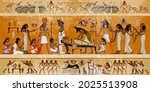 Ancient Egypt. Mummification process. Egyptian gods, mythology. Hieroglyphic carvings. History wall painting, tomb King Tutankhamun. Concept of a next world. Anubis and pharaoh sarcophagus 