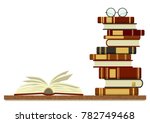 Stack Of Books With Open Book...
