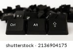 Small photo of Ctrl alt shift shortcut text created with keyboard keys isolated on white bckground, computer terminology, white Ctrl alt shift letters on black keyboard, top view
