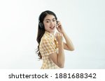 woman happy listen to music... | Shutterstock . vector #1881688342