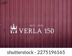 Small photo of Verla 150 years sign on a wooden wall in Verla world heritage site in Kouvola, Finland. March 6, 2023.