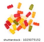 Colorful eat gummy bears jelly candy Isolated on white background. Top view. Flat lay