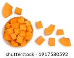 butternut squash slice in wooden bowl isolated on white background with clipping path. Top view with copy space for your text. Flat lay