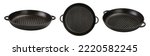 Small photo of Empty cast iron grill frying pan isolated on white background with. Top view.