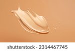 Small photo of Liquid foundation splashing on light clean background, Close-up of isolated make-up smudges or beige skin care fluid