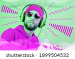 Small photo of Funky bearded hipster DJ in headphone and sunglasses. Listening streaming music in smartphone player app. Pop art style collage. Contemporary art poster. Rave music nightclub party.3D rendering.3D