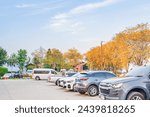 Small photo of Bangkok, Thailand - 1 February 2024 : A lot of cars in Parking lot,Car parking in large asphalt parking lot with yellow trees and blue sky,Outdoor parking lot on a sunny day.