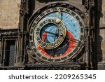 Prague astronomical clock Orloj on Old Town Hall, Czechia. New protective fence in front of it. 