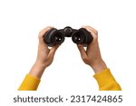 binoculars in hand isolated on white background, find and search concept.