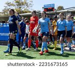 Small photo of Kayla Morrison of Melbourne Victory and Natalie Tobin of Sydney FC walk onto the field before the match between Sydney FC and Melbourne Victory at Cromer Park on November 26, 2022 in Sydney, Australia