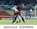 Small photo of Sophie Harding of Wanderers competes for the ball with Natalie Tobin of Sydney FC during the match between Wanderers and Sydney FC at Marconi Stadium on December 3, 2022 in Sydney, Australia