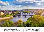 Old town of Prague. Czech Republic over river Vltava with Charles Bridge on skyline. Prague panorama landscape view with red roofs.  Prague view from Letna Park, Prague, Czechia.