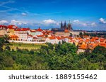 Castle and Lesser Town panorama. View from Petrin Hill. Prague, Czech Republic. Spring Prague panorama from Prague Hill with Prague Castle, Vltava river and historical architecture. Czechia.