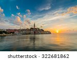 Beautiful romantic old town of Rovinj with magical sunset,Istrian Peninsula,Croatia,Europe