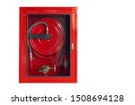 Fire hoses packed inside of red emergency box isolated on white background with clipping path.