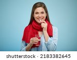 Smiling Woman In Scarf Eating...