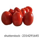 Small photo of Creative concept with flying tomato. Sliced red tomato isolated on white background. Levity vegetables floating in the air