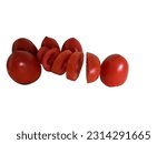 Small photo of Creative concept with flying tomato. Sliced red tomato isolated on white background. Levity vegetables floating in the air