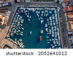 Aerial view to Rovinj marina with many boats. Istria, Croatia. 