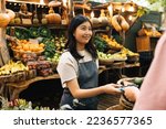 Outdoor market owner receiving payment from the buyer. Asian woman in an apron holding a pos terminal looking at a customer at a local farmer market.