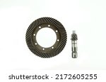 Small photo of Hay baler spare part helical spiral bevel gear and pinion set, front view of hay baler spare part, isolated on white background