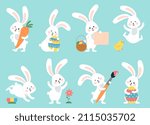 Easter bunny. Modern egg, bunnies for kids standing with placard. Rabbit or hare, spring festive animal with flower and chick. Cartoon holiday decent vector character