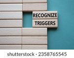 Small photo of Recognize triggers symbol. Concept words Recognize triggers on wooden blocks. Beautiful grey green background. Business and Recognize triggers concept. Copy space.