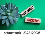 Small photo of Recognize triggers symbol. Concept words Recognize triggers on wooden blocks. Beautiful green background with succulent plant. Business and Recognize triggers concept. Copy space.