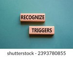 Small photo of Recognize triggers symbol. Concept words Recognize triggers on wooden blocks. Beautiful grey green background. Business and Recognize triggers concept. Copy space.