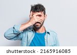 Small photo of Person with irritated eyes. People with eye pain on isolated background, Person with conjunctivitis on isolated background, Close up of people with eye strain, man with irritated eye