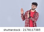 Small photo of Displeased intense man with rejection gesture, pulls palms in rejection, frowns in disgust. Displeased person rejecting with rejection gesture, throw palms isolated