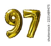Small photo of 97 Golden number helium balloons isolated background. Realistic foil and latex balloons. design elements for party, event, birthday, anniversary and wedding.