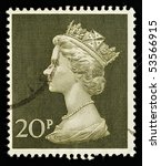 Small photo of UNITED KINGDOM - CIRCA 1970 to 1972: An English 20p Used Postage Stamp showing Portrait of Queen Elizabeth 2nd, circa 1970 to 1972