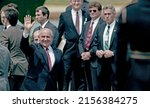 Small photo of WASHINGTON DC - JUNE 2, 1990 Russian President Mikhail Sergeyevich Gorbachev along with his wife Raisa prepares to depart from Washington DC. Waves to the crowd that came to bid him farewell.