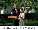 Small photo of WASHINGTON DC, USA - AUGUST 3, 1993 President William Clinton introduces Judge Ruth Bader Ginsburg to the media during a ceremony in the Rose Garden of the White House