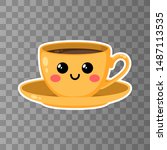yellow cup of kawaii coffee on... | Shutterstock .eps vector #1487113535