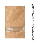 Small photo of kraft paper doypack pouch with zipper on white background kraft plain paper doypack stand up pouch with window zipper filled with coffee beans on white background