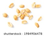close up of roasted peanuts isolated on white background, top view