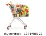 Shopping cart with food products isolated on white background