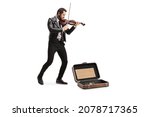Street artist playing a violin with a suitcase on the ground isolated on white background 
