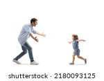 Small photo of Father and little girl running towards each other to hug isolated on white background